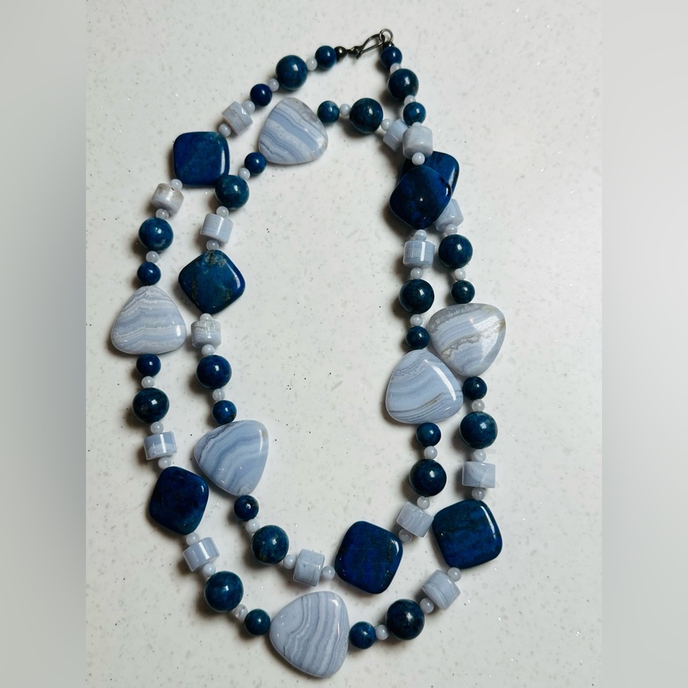 Vintage Jay King Lapis Lazuli Blue Lace Agate Sterling Silver 36" Bead Necklace
